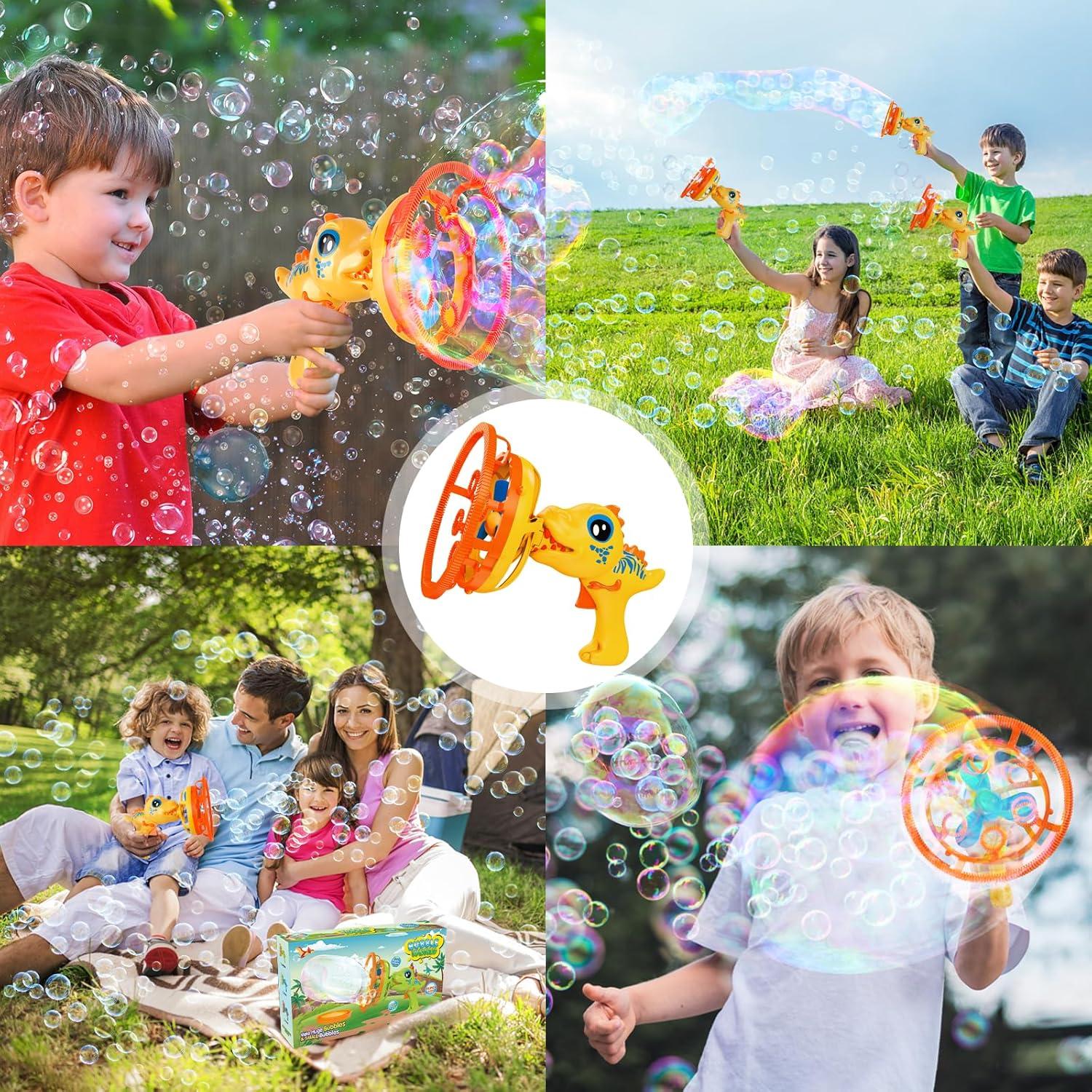 imageBubble Gun Bubble Machine Dinosaur Bubble Blower Toy for Kids and Toddlers Bubble in Bubble Gun Party Favors Birthday Christmas Easter Gift for 3 4 5 6 7 8 9 Years Old Boys and Girls YellowYellow