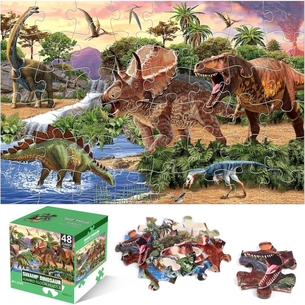imageJumbo Floor Puzzle for Kids48 Piece Forest Dinosaur Large Jigsaw Puzzles Fun Educational Preschool Learning Toy for Toddlers Ages 35Easter Gift for Boy Girl Ages 48Swamp Dino