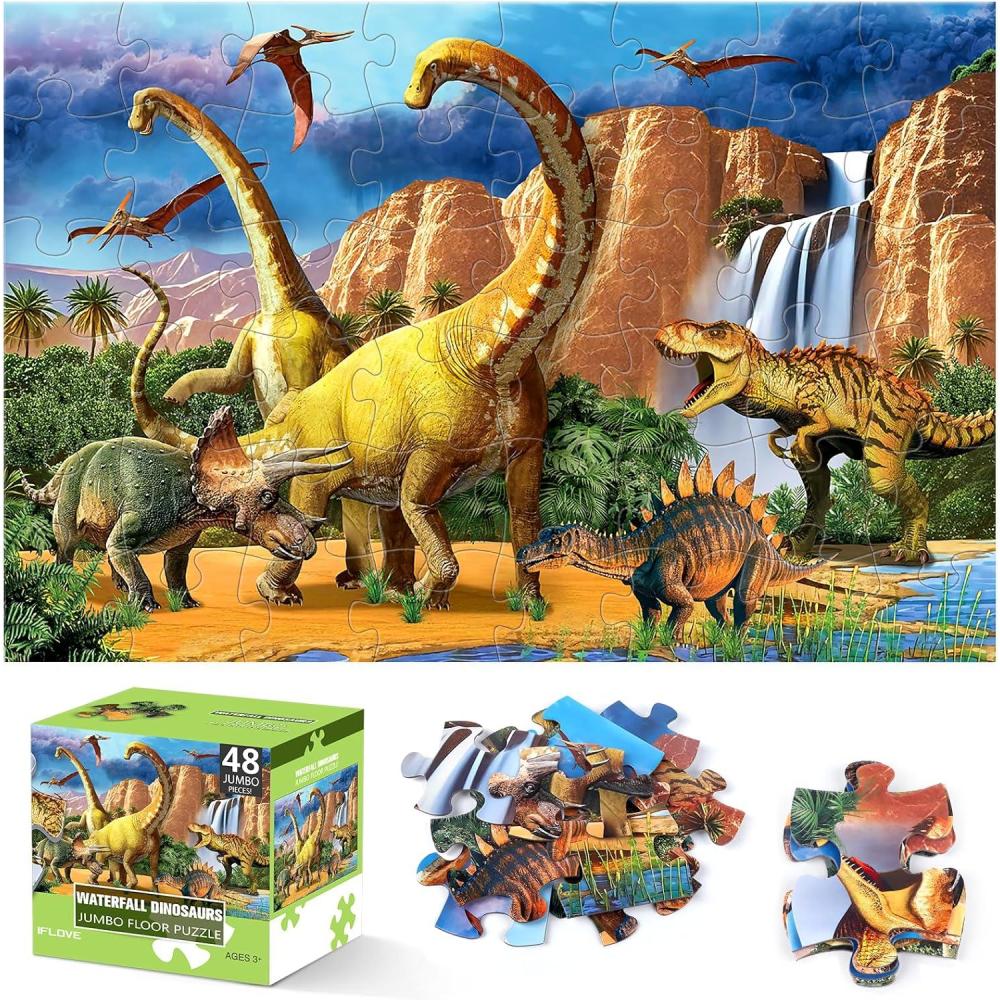 imageJumbo Floor Puzzle for Kids48 Piece Forest Dinosaur Large Jigsaw Puzzles Fun Educational Preschool Learning Toy for Toddlers Ages 35Easter Gift for Boy Girl Ages 48Waterfall Dino