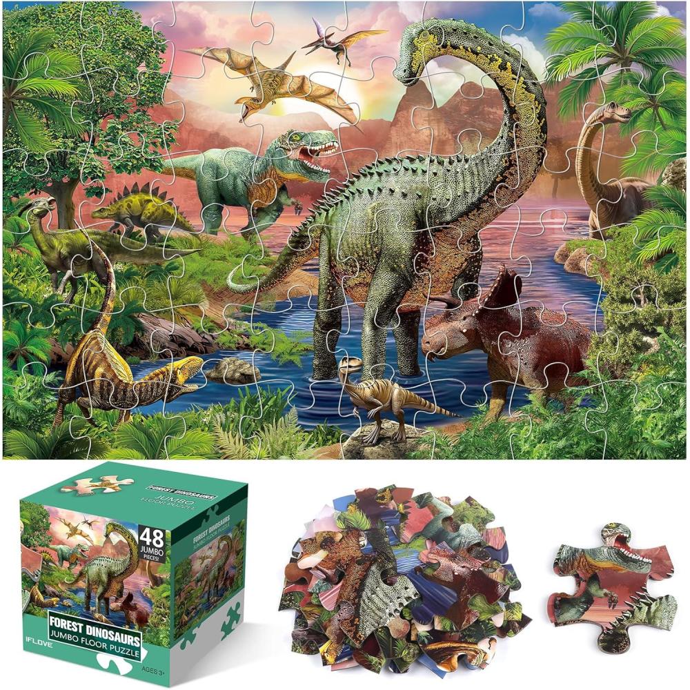 imageJumbo Floor Puzzle for Kids48 Piece Forest Dinosaur Large Jigsaw Puzzles Fun Educational Preschool Learning Toy for Toddlers Ages 35Easter Gift for Boy Girl Ages 48Forest Dino