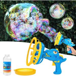 Bubble Gun Bubble Machine Dinosaur Bubble Blower Toy for Kids and Toddlers Bubble in Bubble Gun Party Favors Birthday Christmas Easter Gift for 3 4 5 6 7 8 9 Years Old Boys and Girls (Yellow)(Blue)