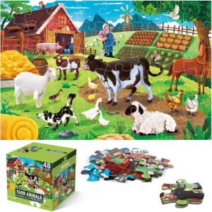 Jumbo Floor Puzzle for Kids Dinosaur Jigsaw Large Puzzles 48 Piece Ages 3-6 for Toddler Children Learning Preschool Educational Intellectual Development Toys 4-8 Years Old Easter Gift for Boy and Girl(Farm Animal)