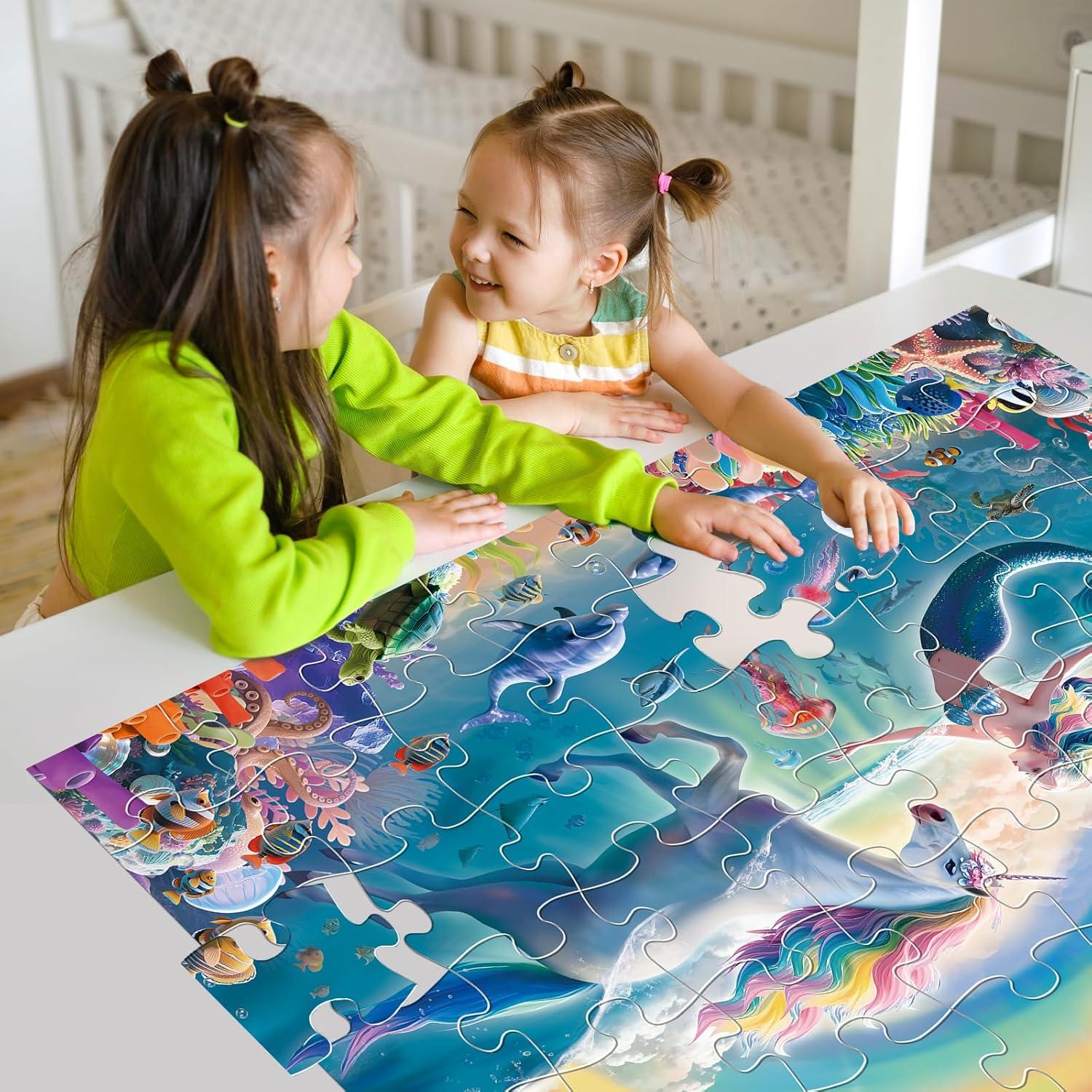 imageJumbo Floor Puzzle for Kids Ages 48 48Piece Unicorn and Mermaid Underwater Jigsaw Puzzle Large Educational Toys for Toddler Girls and Boys Easter Gift for 35 Year OldsRainbow