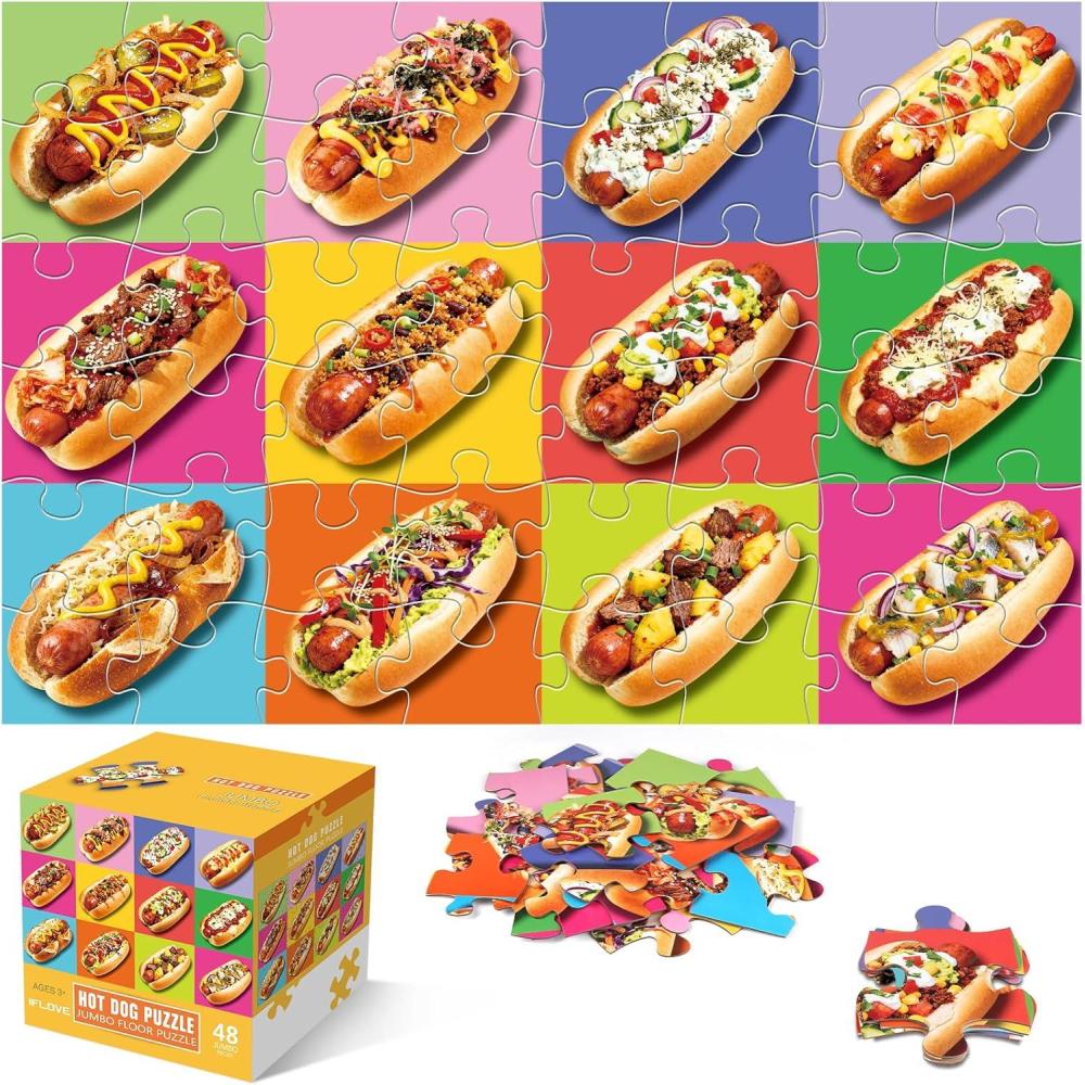 imageJumbo Floor Puzzle for Kids48 Hot Dog Pizza Jigsaw PuzzlesLearning Educational Foods Toys for Toddlers Ages 35Colorful Design Children Easter Gift for Boy Girl Ages 48Hot Dog