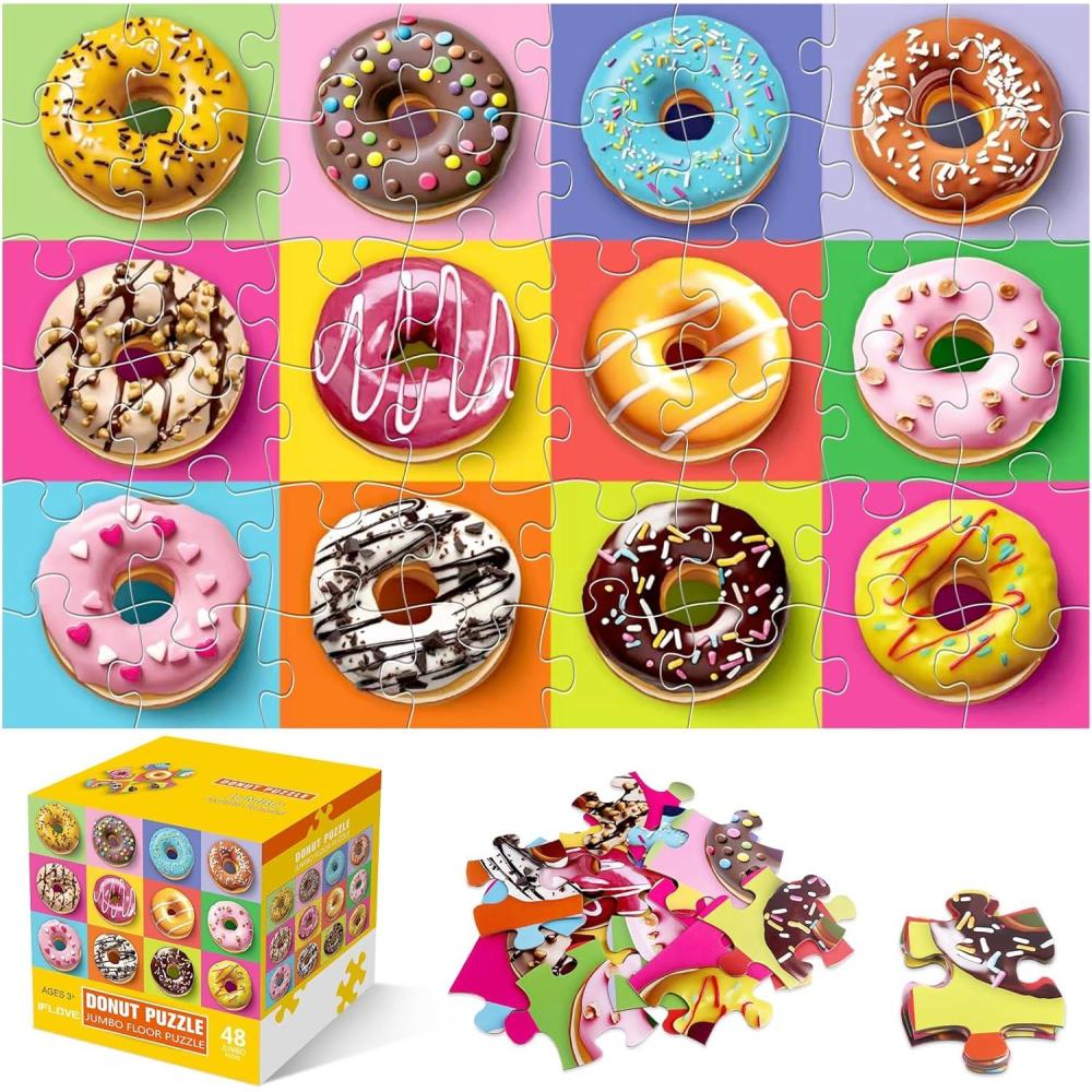 imageJumbo Floor Puzzle for Kids48 Piece Colorful Donuts Jigsaw PuzzlesLearning Educational Toys for Toddlers Ages 35Children Gift for Boy Girl Ages 48 Donut