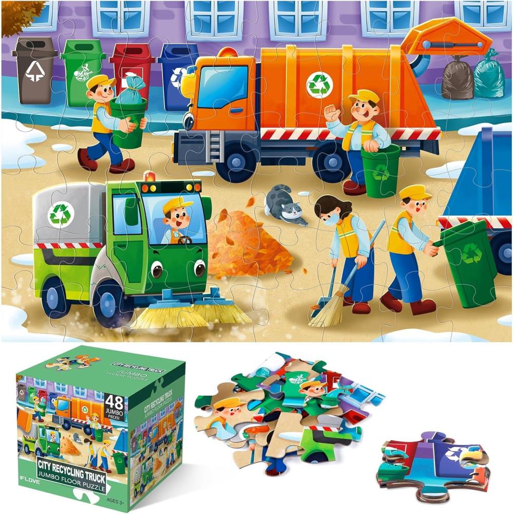 imageJumbo Floor Puzzle for KidsCity Transportation Jigsaw Large Puzzles48 Piece City Life Vehicle Puzzle for Toddler Ages 35Children Learning Preschool Educational ToysGift for 48 Years OldGarbage Truck