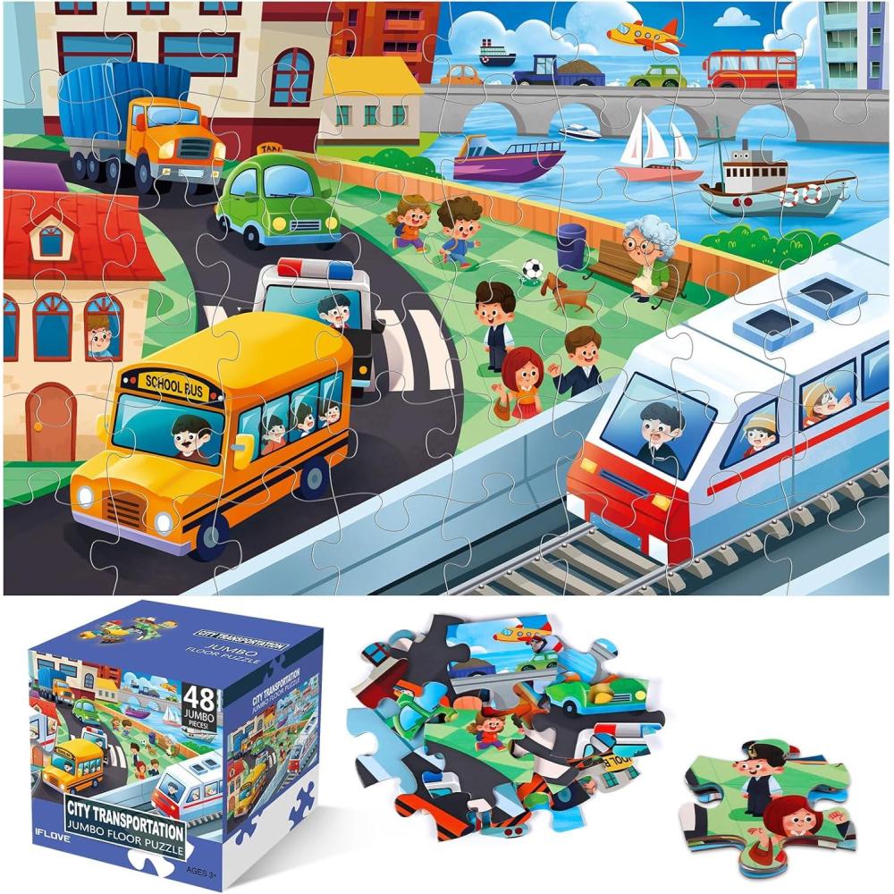imageJumbo Floor Puzzle for KidsCity Transportation Jigsaw Large Puzzles48 Piece City Life Vehicle Puzzle for Toddler Ages 35Children Learning Preschool Educational ToysGift for 48 Years OldCity Transportation