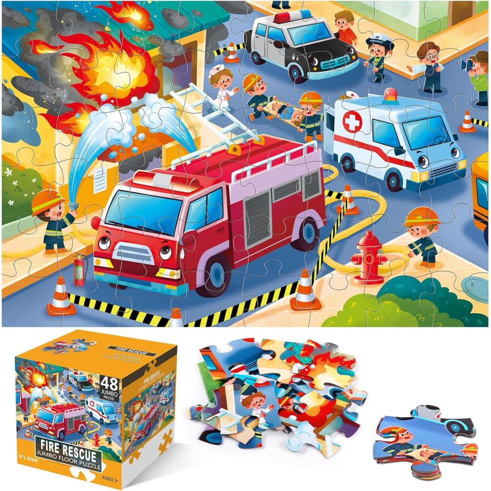 imageJumbo Floor Puzzle for KidsCity Transportation Jigsaw Large Puzzles48 Piece City Life Vehicle Puzzle for Toddler Ages 35Children Learning Preschool Educational ToysGift for 48 Years OldFire Rescue