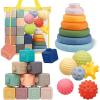 Montessori Toys for Babies,Soft Stacking Building Blocks Rings Balls Sets,3 in 1 Baby Toy Bundle,Sensory Toy for 6-12 Months, Soft Teething Toys,Baby Easter Basket Birthday Gifts for Boy Girl(3 IN 1 Set-2)