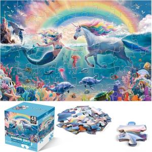 Jumbo Floor Puzzle for Kids Ages 4-8, 48-Piece Unicorn and Mermaid Underwater Jigsaw Puzzle, Large Educational Toys for Toddler Girls and Boys, Easter Gift for 3-5 Year Olds(Rainbow)