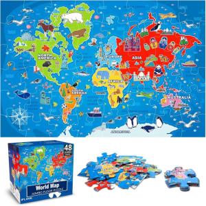 Jumbo Floor Puzzle for Kids Ages 4-8,Solar System Jigsaw Puzzles,48 Piece Space Large Puzzles for Toddler Ages 3-5,Preschool Learning Planets Toys Christmas Birthday Gift for Boys Girls(World Map)