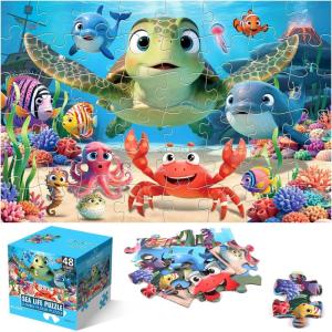 Jumbo Floor Puzzle for Kids,48 Piece Animal Large Jigsaw Puzzles,Learning Educational Toys for Toddlers Ages 3-5,Sea Turtle Puzzle Children Easter Gift for Boy Girl Ages 4-8(SeaLife)